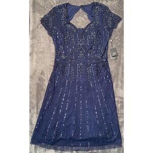 Adrianna Papell Beaded Midi Dress Women's 14 Navy Blue V Neck